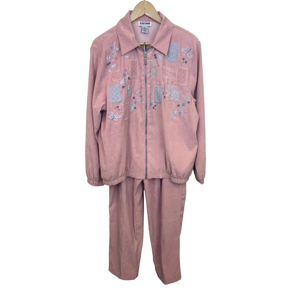 Vtg Alfred Dunner Women's 14 Blush Pink Embroidered Floral 2-Piece Pant Suit
